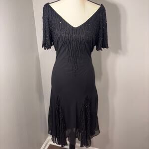VNTG J Kara 90s Fairycore Black Beaded Mesh Dress Flutter Sleeves asymmetrical